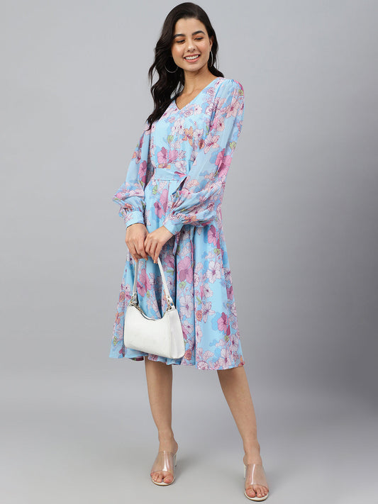 Janasya Women's Sky Blue Georgette Floral Printed Flared Western Dress | Swadesiicart