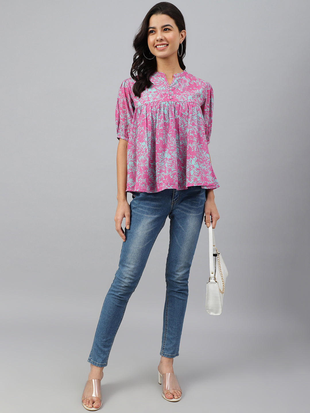 Janasya Women's Pink Georgette Digital Print Flared Top | Swadesiicart