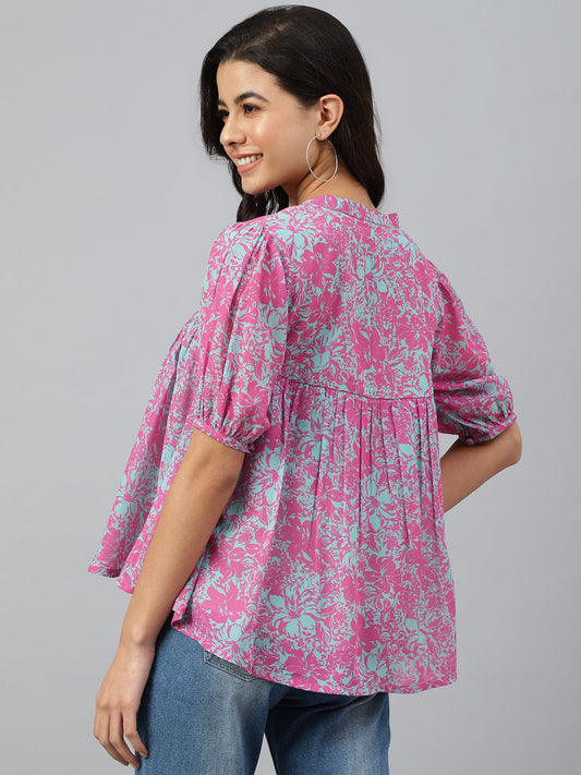 Janasya Women's Pink Georgette Digital Print Flared Top | Swadesiicart