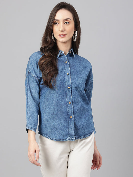 Janasya Women's Blue Denim Solid Shirt Style Top | Swadesiicart