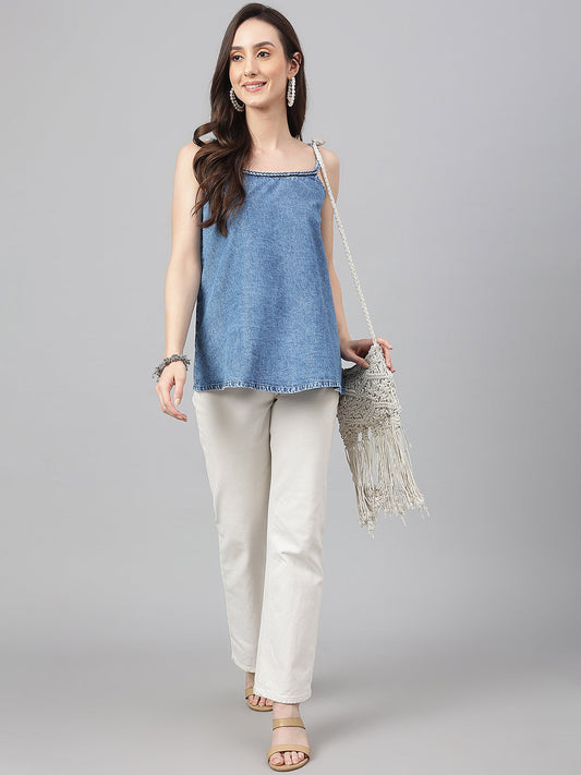 Janasya Women's Blue Denim Solid Regular Top | Swadesiicart