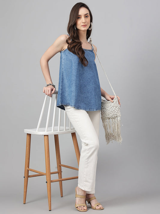 Janasya Women's Blue Denim Solid Regular Top | Swadesiicart