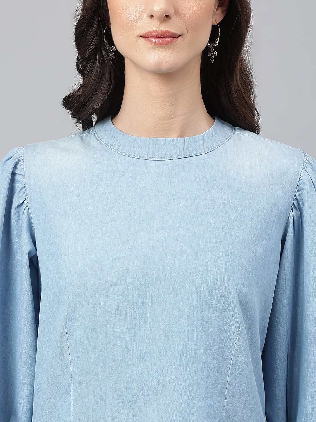 Janasya Women's Light Blue Denim Solid Regular Top | Swadesiicart
