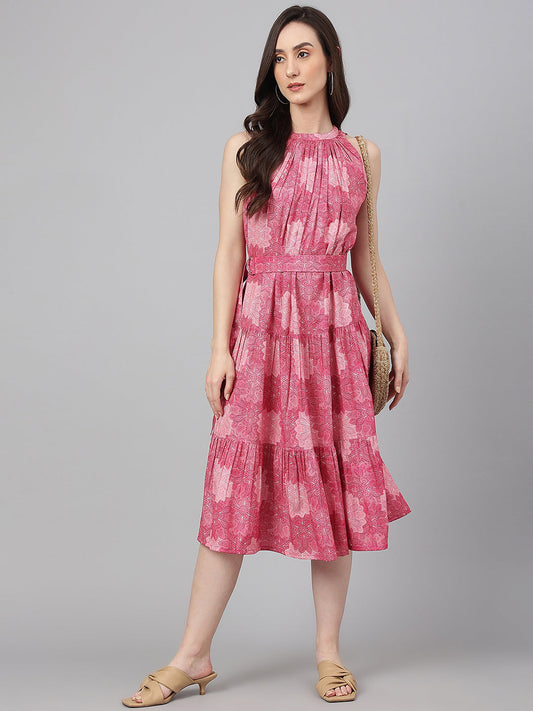 Janasya Women's Pink Crepe Digital Printed Tiered Western Dress | Swadesiicart