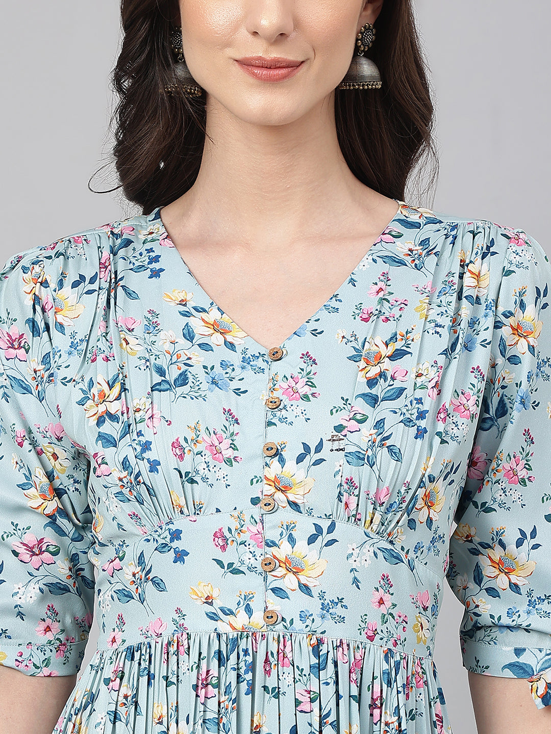 Janasya Women's Blue Crepe Digital Printed Flared Western Dress | Swadesiicart