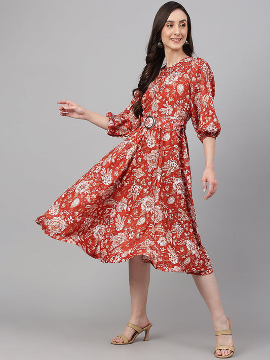 Janasya Women's Rust Crepe Digital Printed Flared Western Dress | Swadesiicart