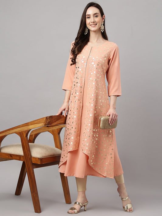 Janasya Women's Peach Crepe Foil Printed Casual Frontslit Kurta | Swadesiicart