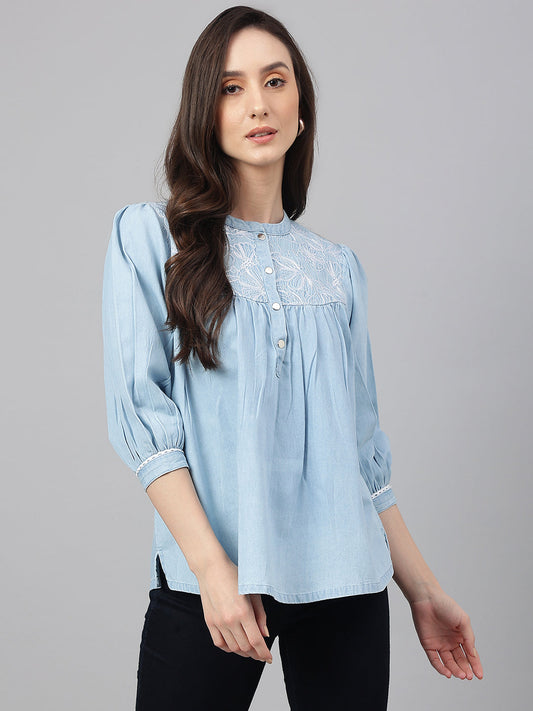Janasya Women's Light Blue Denim Embroidered Flared Top | Swadesiicart