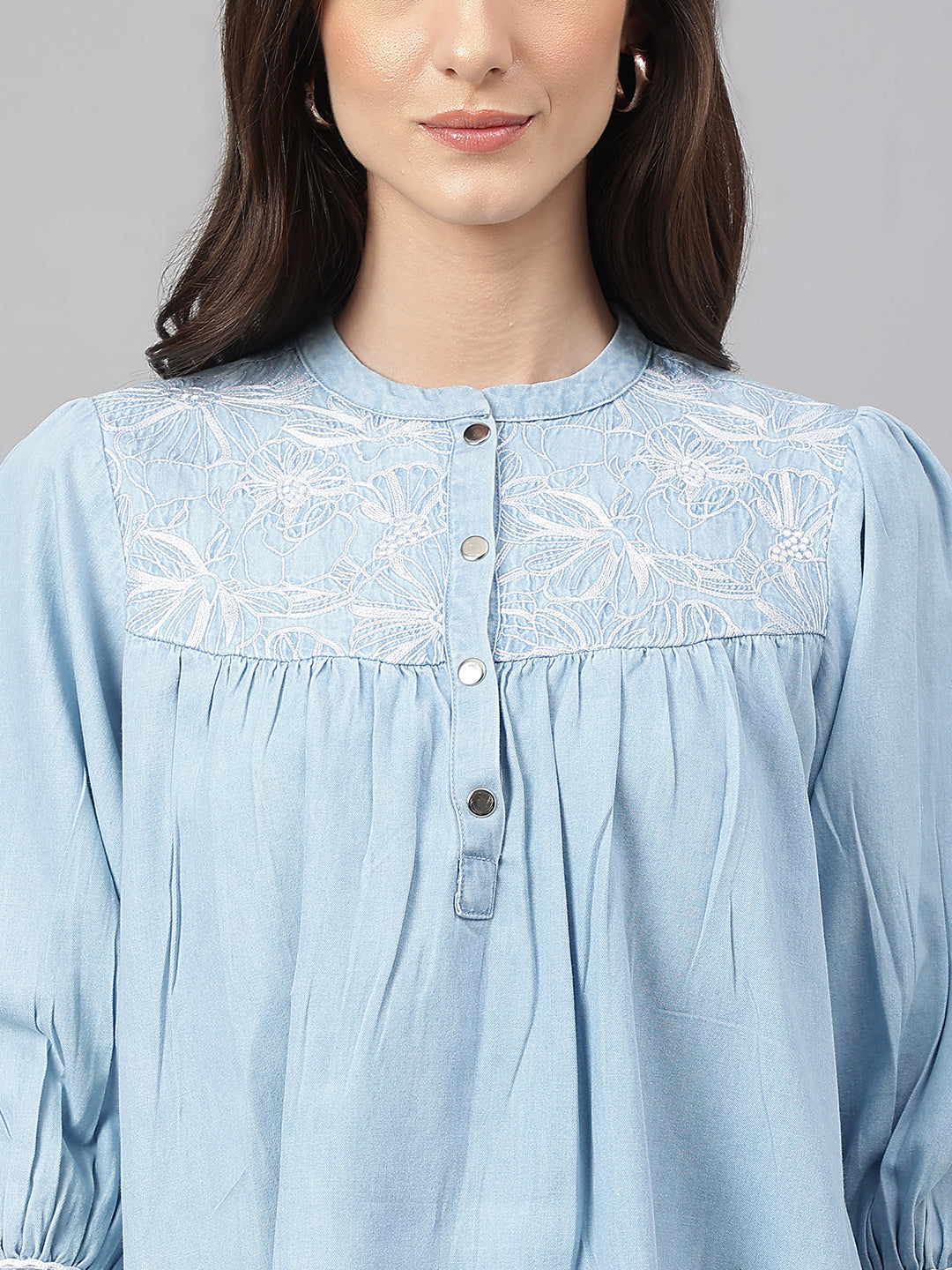 Janasya Women's Light Blue Denim Embroidered Flared Top | Swadesiicart