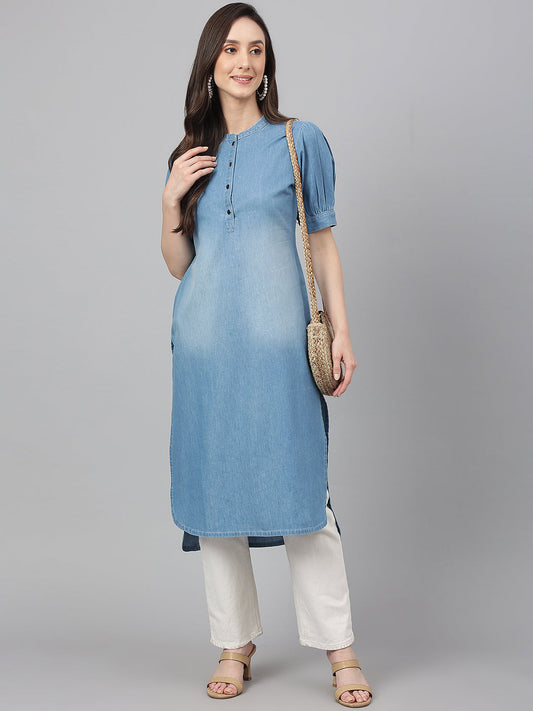 Janasya Women's Light Blue Denim Solid Casual High Low Kurta - Swadesiicart