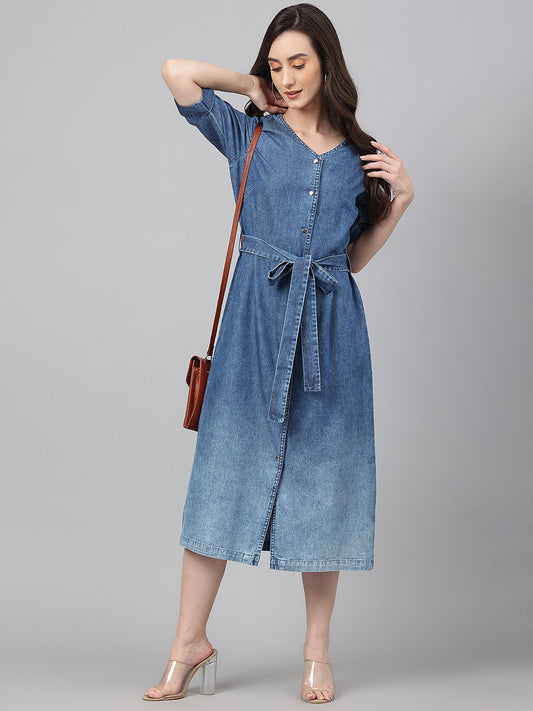 Janasya Women's Blue Denim Solid Straight Western Dress | Swadesiicart