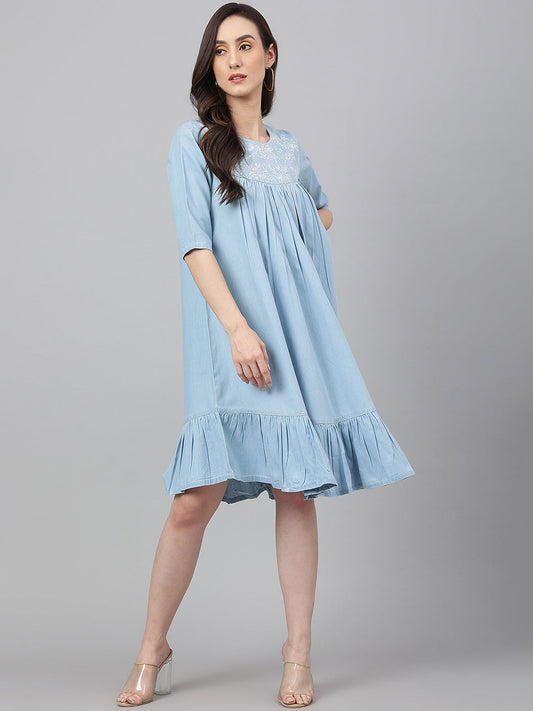 Janasya Women's Light Blue Denim Solid Flared Western Dress | Swadesiicart