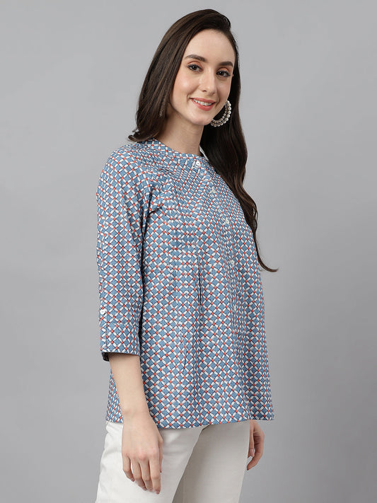 Janasya Women's Blue Cotton Printed Casual Regular Top | Swadesiicart
