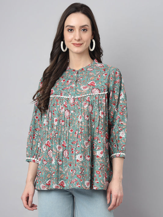 Janasya Women's Green Cotton Botanical Print Casual Empire Top | Swadesiicart