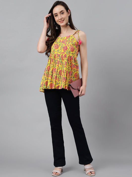 Janasya Women's Yellow Cotton Floral Print Casual Peplum Top | Swadesiicart