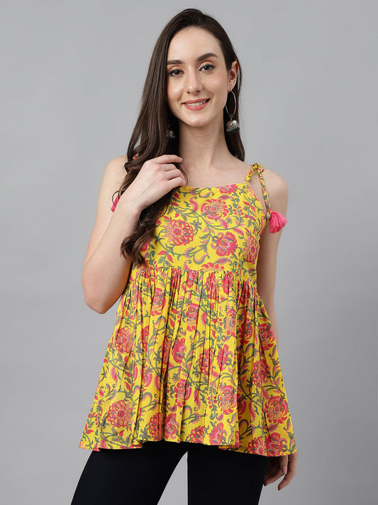 Janasya Women's Yellow Cotton Floral Print Casual Peplum Top | Swadesiicart