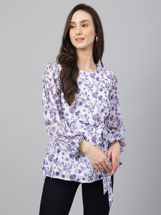 Janasya Women's White Georgette Floral Print Flared Top | Swadesiicart