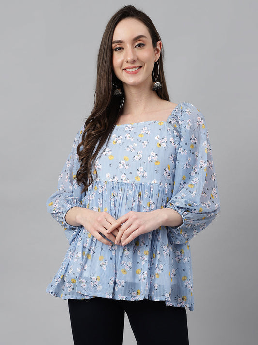 Janasya Women's Blue Georgette Floral Print Peplum Top | Swadesiicart
