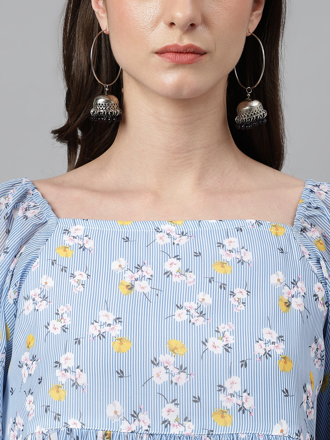Janasya Women's Blue Georgette Floral Print Peplum Top | Swadesiicart