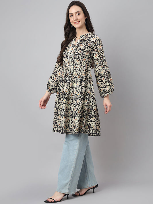 Janasya Women's Black Cotton Floral Print Casual Flared Tunic | Swadesiicart