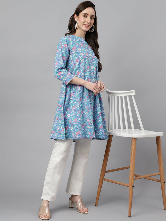 Janasya Women's Multicolor Cotton Botanical Print Casual A-Line Tunic | Swadesiicart