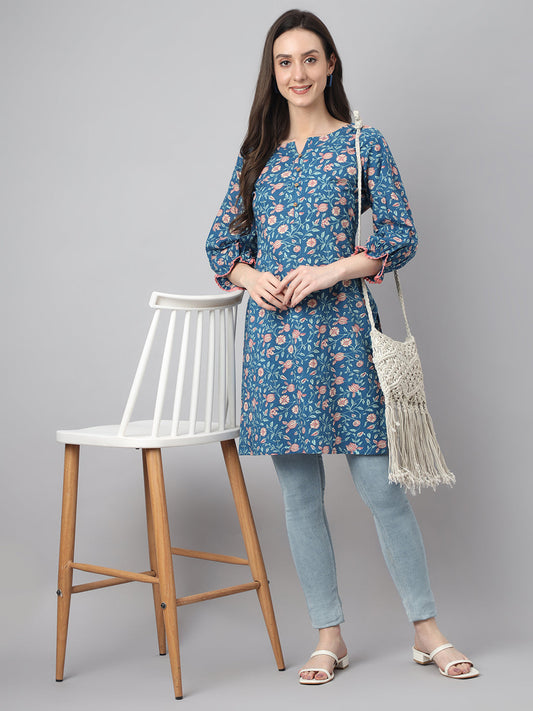 Janasya Women's Blue Cotton Floral Print Casual Regular Tunic | Swadesiicart