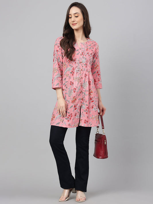 Janasya Women's Pink Cotton Floral Print Casual Regular Tunic | Swadesiicart