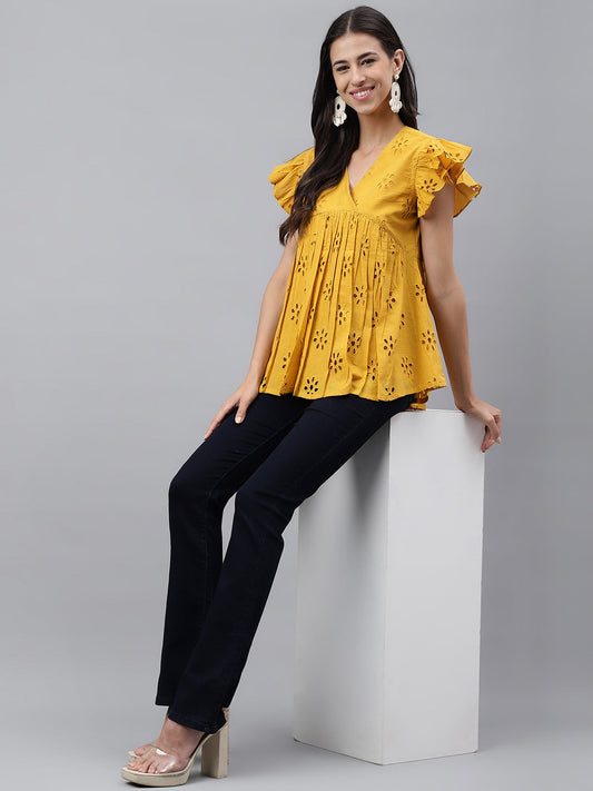 Janasya Women's Mustard Cotton Schiffli Casual Gathered Top | Swadesiicart