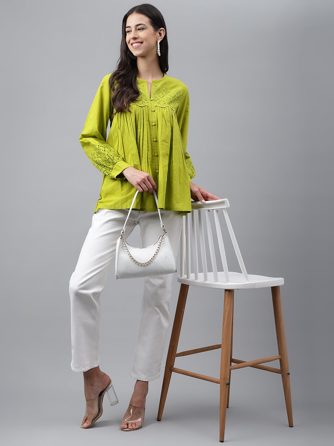 Janasya Women's Lime Green Cotton Schiffli Casual Flared Top | Swadesiicart