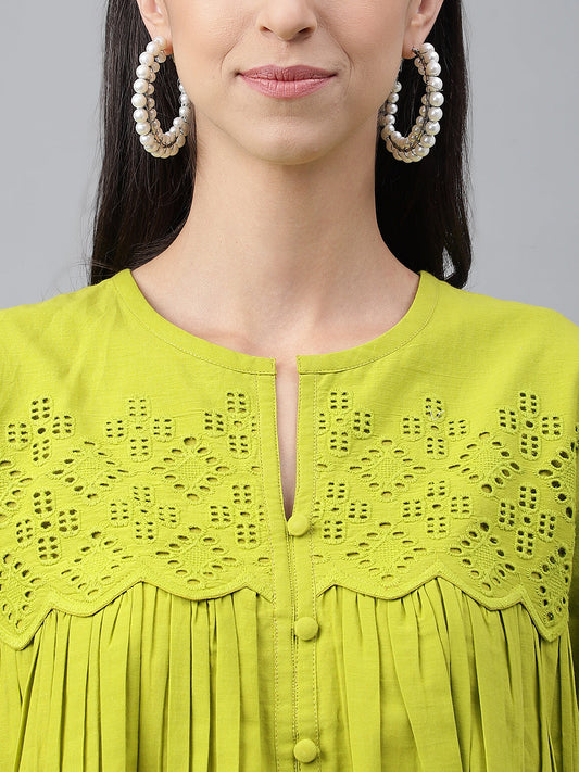 Janasya Women's Lime Green Cotton Schiffli Casual Flared Top | Swadesiicart