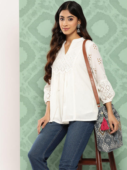 Janasya Women's White Cotton Schiffli Casual A-Line Top | Swadesiicart