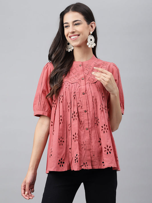 Janasya Women's Pink Cotton Schiffli Casual Gathered Top | Swadesiicart