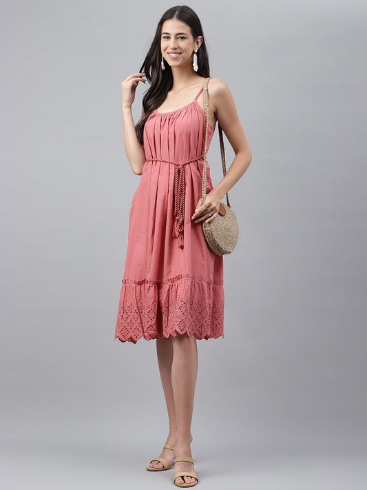 Janasya Women's Pink Cotton Schiffli Flared Western Dress | Swadesiicart
