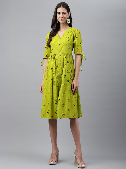 Janasya Women's Lime Green Cotton Schiffli Flared Western Dress | Swadesiicart