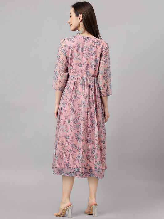 Janasya Women's Pink Chiffon Lurex Floral Printed Flared Casual Dress | Swadesiicart