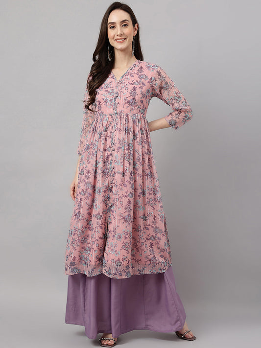 Janasya Women's Pink Chiffon Lurex Floral Printed Casual Flared Kurta - Swadesiicart