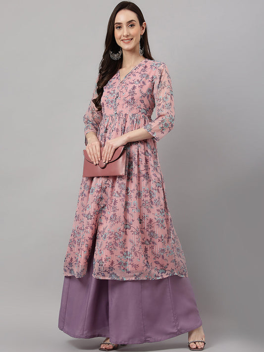 Janasya Women's Pink Chiffon Lurex Floral Printed Casual Flared Kurta - Swadesiicart