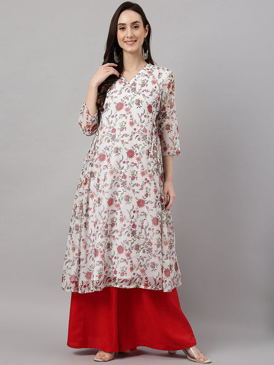 Janasya Women's White Chiffon Lurex Floral Printed Casual flared Kurta | Swadesiicart