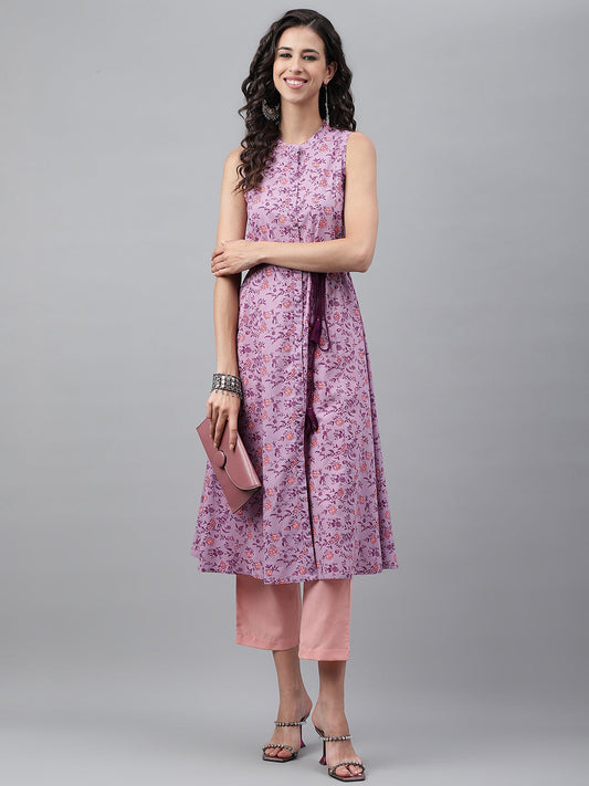 Janasya Women's Lavender Cotton Floral Printed Casual A-Line Kurta | Swadesiicart
