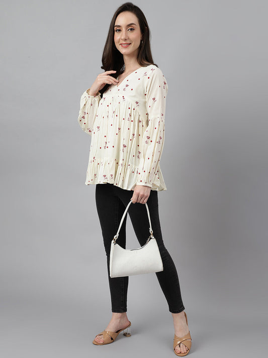 Janasya Women's Off White Cambric Cotton Floral Print Gathered Top | Swadesiicart