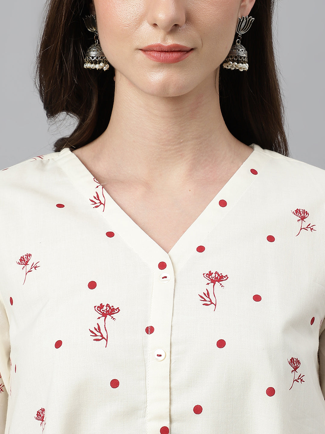Janasya Women's Off White Cambric Cotton Botanical Print Asymmetric Top | Swadesiicart