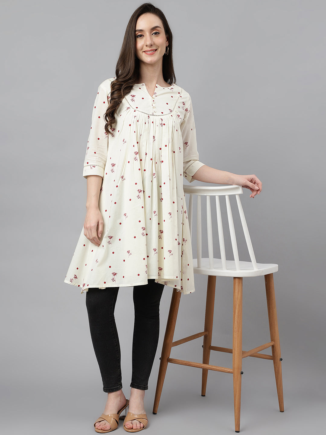 Janasya Women's Off White Cambric Cotton Botanical Print Flared Tunic | Swadesiicart