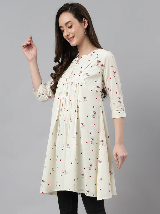 Janasya Women's Off White Cambric Cotton Botanical Print Flared Tunic | Swadesiicart