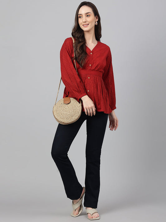 Janasya Women's Maroon Dobby Cotton Solid Peplum Top | Swadesiicart