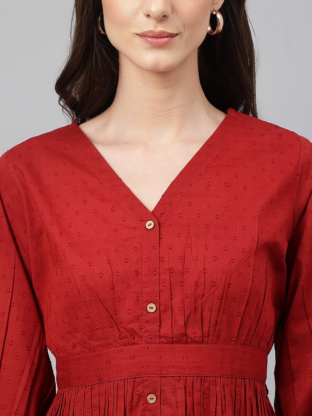 Janasya Women's Maroon Dobby Cotton Solid Peplum Top | Swadesiicart