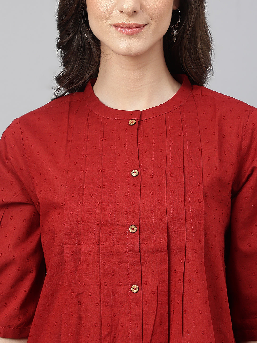 Janasya Women's Maroon Cotton Dobby Solid Flared Top | Swadesiicart