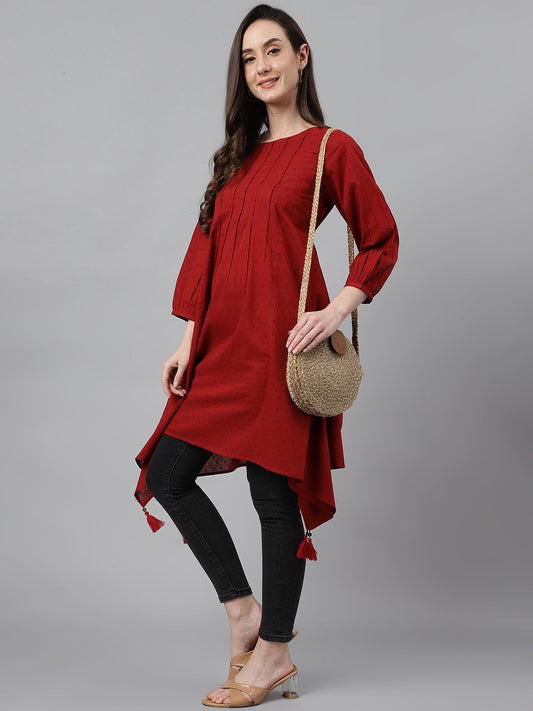 Janasya Women's Maroon Dobby Cotton Solid Handkerchief Tunic | Swadesiicart