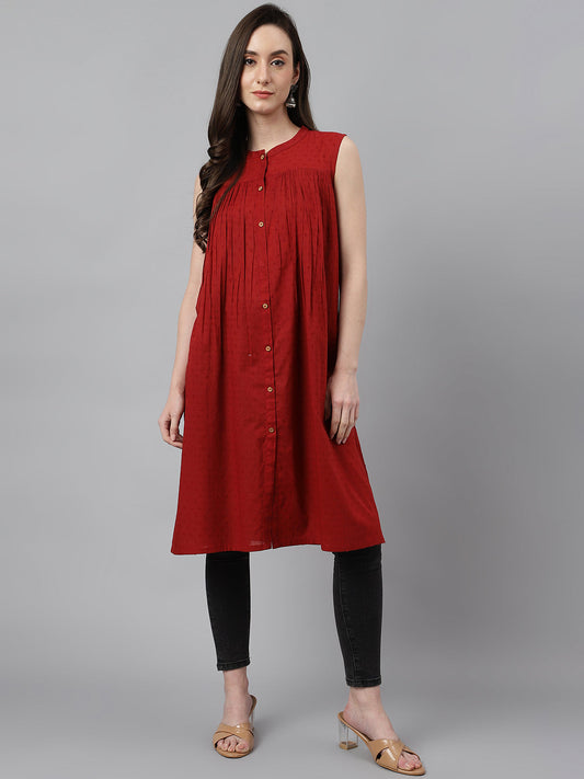 Janasya Women's Maroon Dobby Cotton Solid Casual Gathered Tunic | Swadesiicart