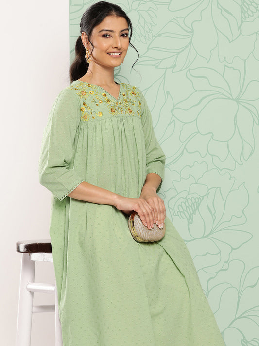 Janasya Women's Sage Green Dobby Cotton Solid Casual Empire Kurta | Swadesiicart