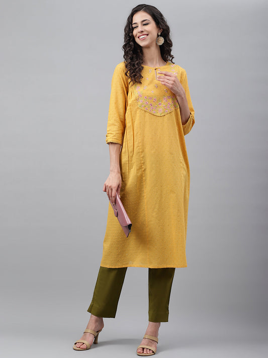 Janasya Women's Yellow Dobby Cotton Solid Casual A-Line Kurta | Swadesiicart